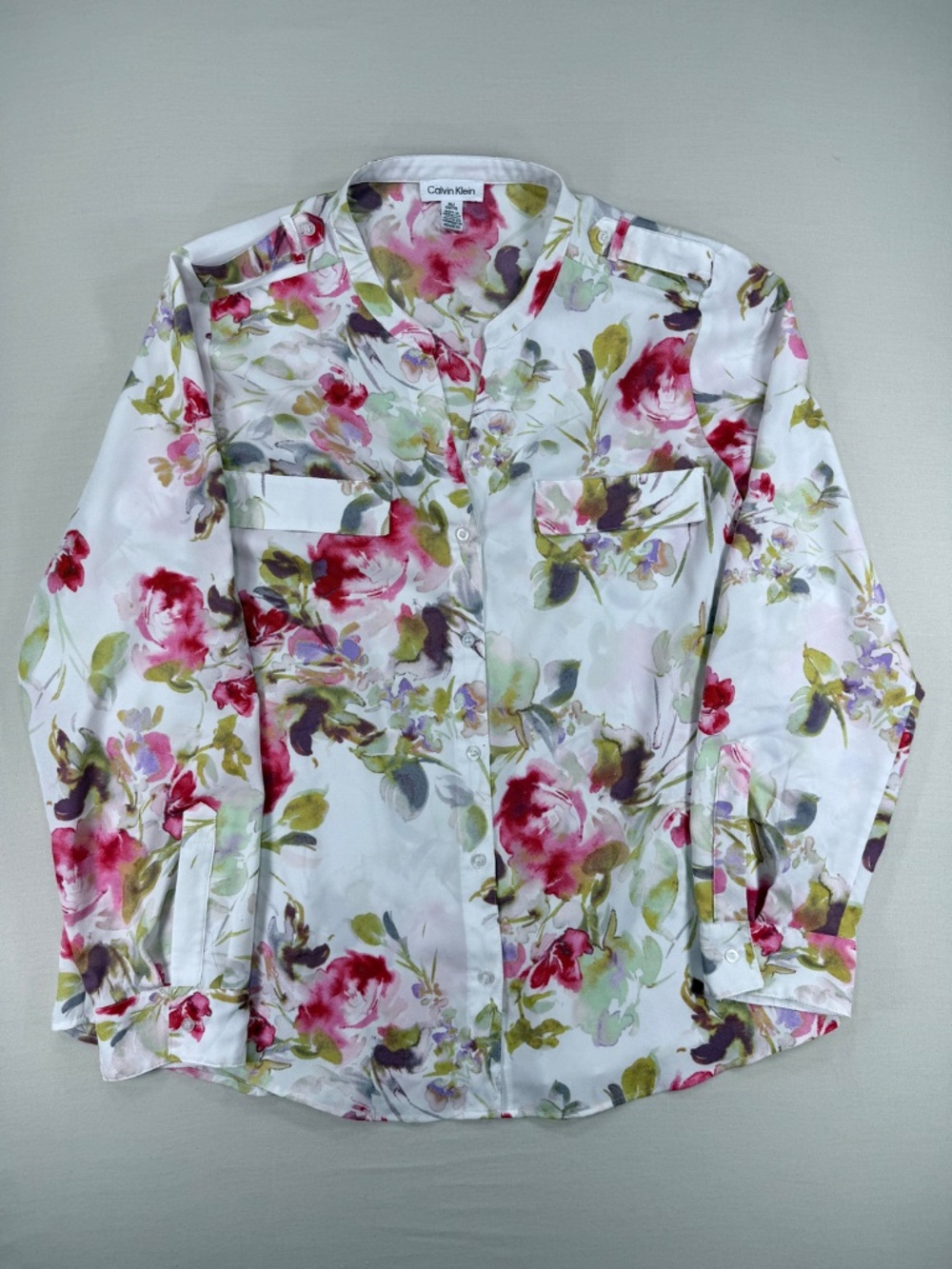 Calvin Klein Floral Roll Tab Sleeve Button Down Blouse Size XL - Picture 3 of 6